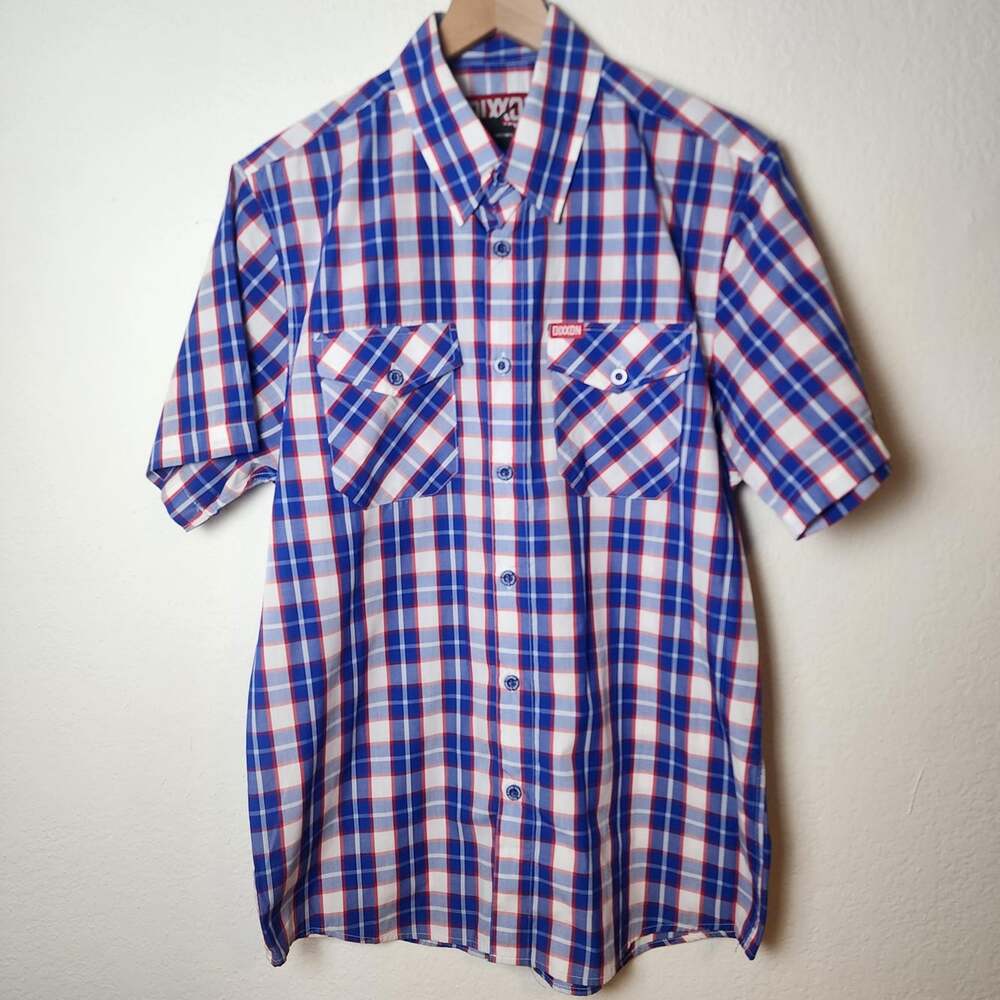 Dixxon Victory Shirt Mens Medium Blue Red Plaid Bamboo Blend Short Sleeve Casual